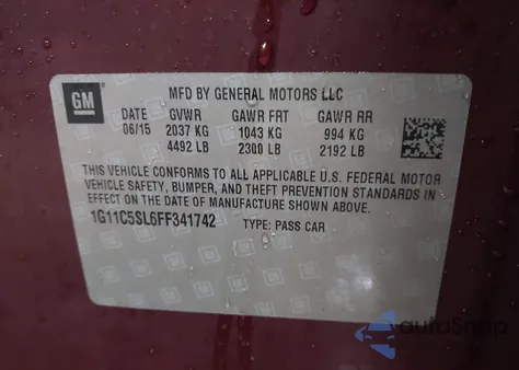 2015 Chevrolet Malibu 1Lt из США, поврежденный, VIN 1G11C5SL6FF341742